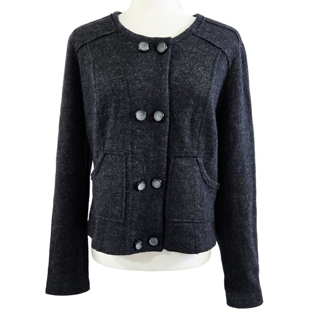 Cabi 184 My Fair 100% Wool Charcoal Gray Double Breasted Collarless Cardigan